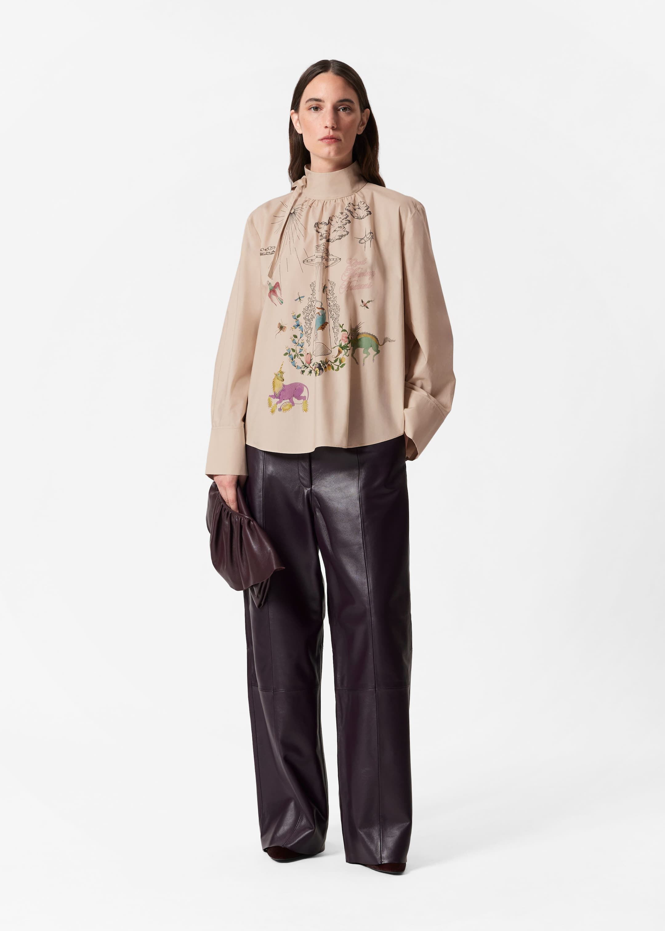 Blouse imprimée à nœud - Beige - Lookbook