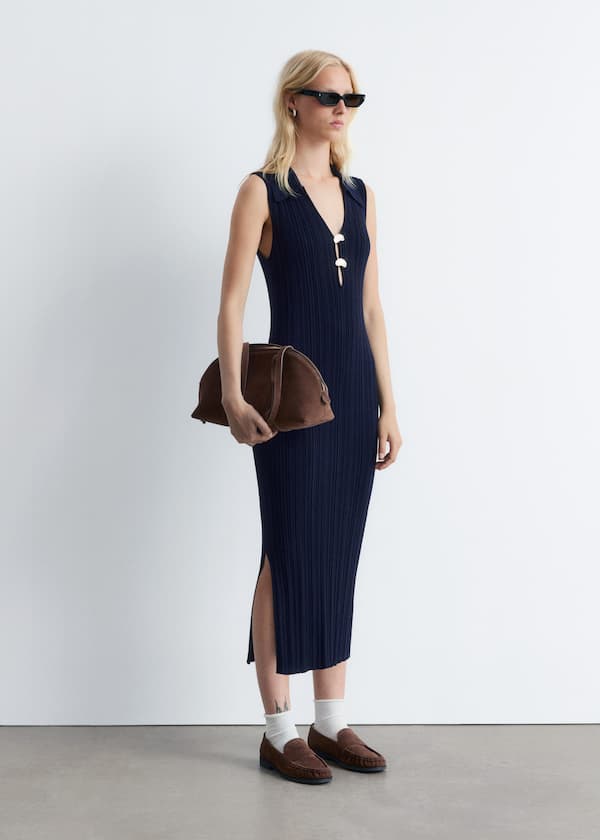 Rib-Knit Collared Midi Dress
