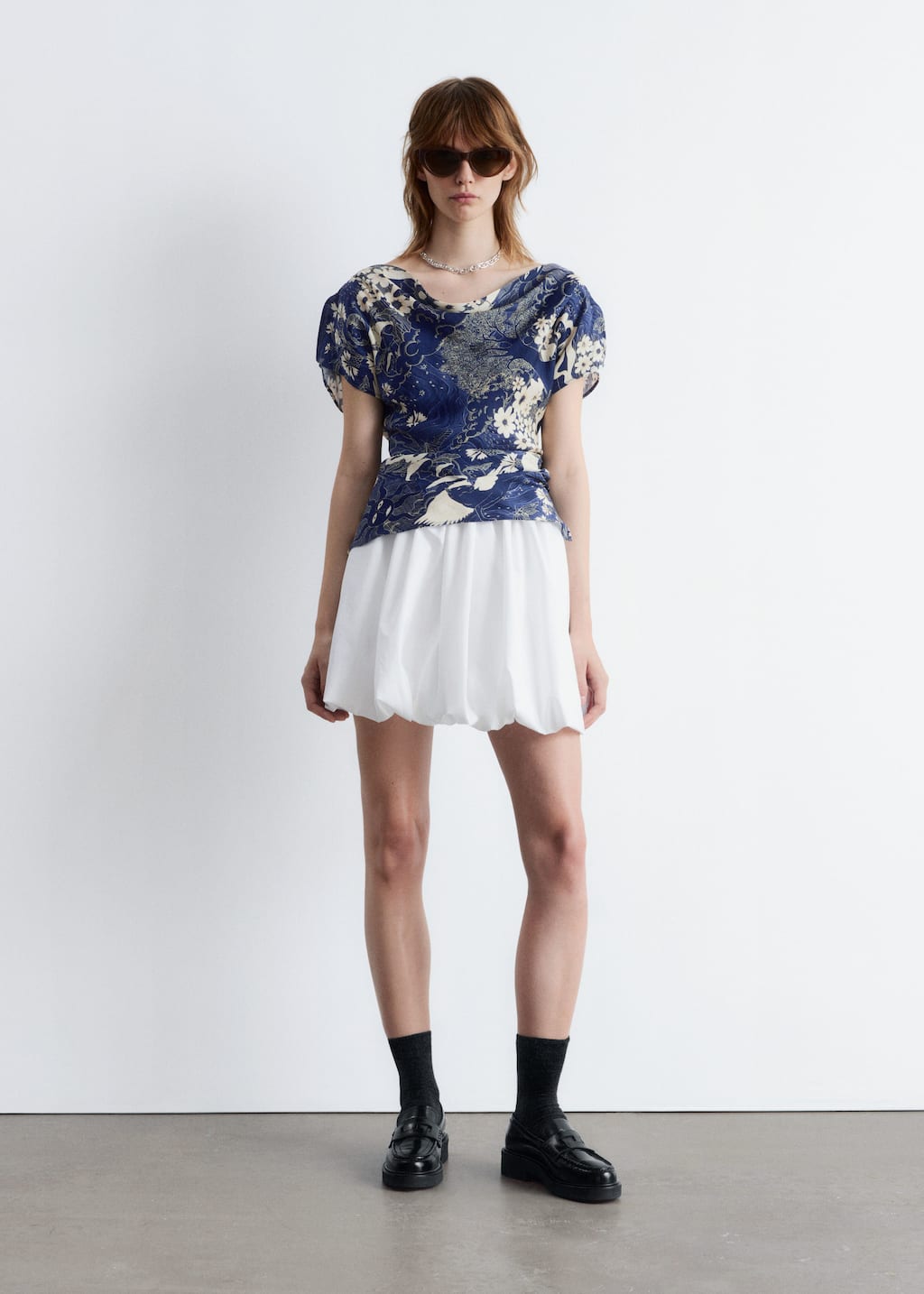トップス tunica Incense Smoke Knitted Camisole Draped Cowl-Neck Top - Dark Blue/Beige Pattern - Tanktops