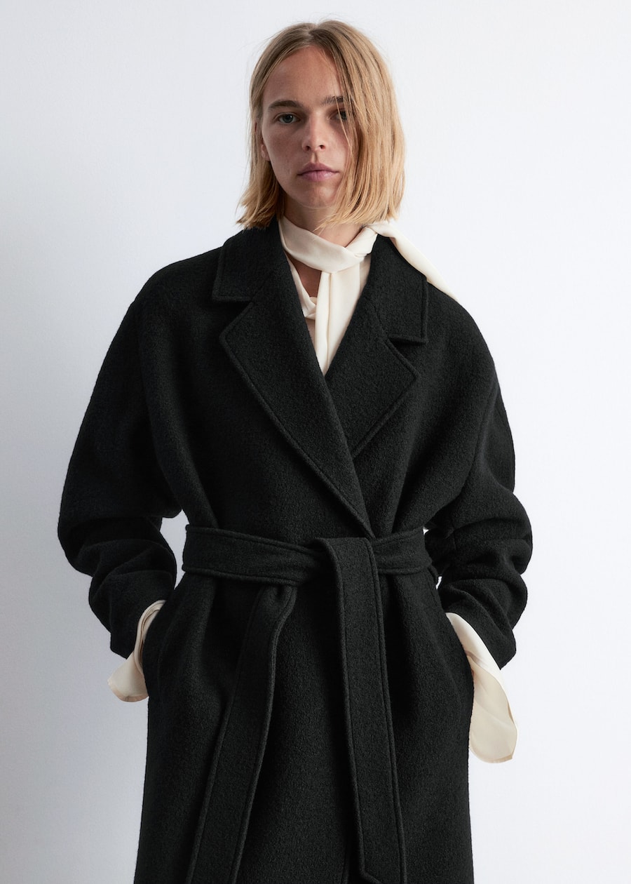 Black Coat Women Wool Wrap Coat Voluminous Belted Wool Coat Black