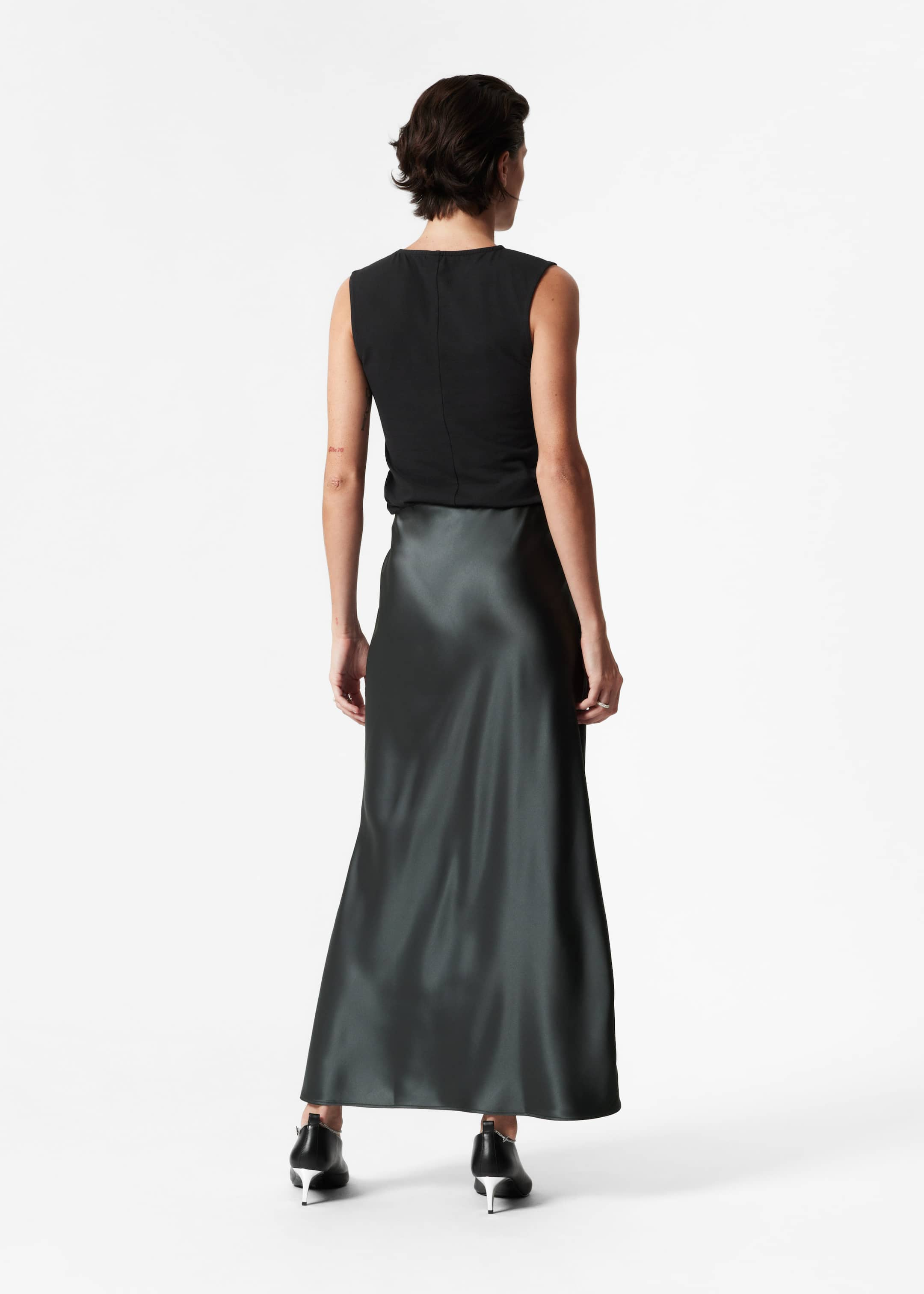 Satin Midi Skirt - Black - Lookbook