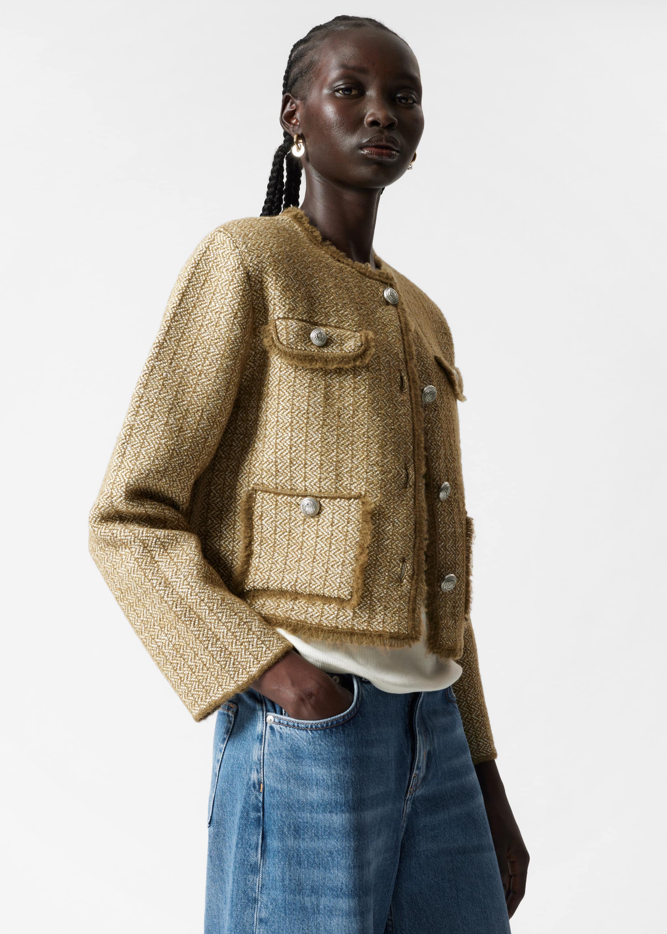 Buttoned Tweed Jacket - Beige Tweed - Lookbook