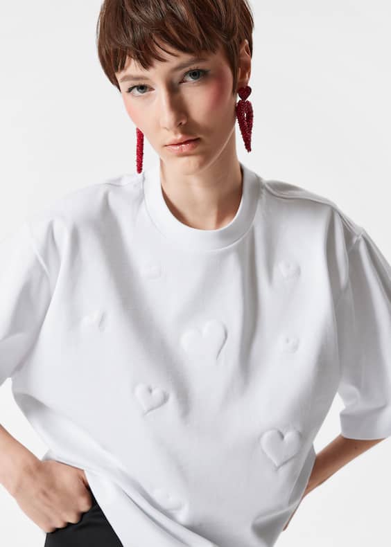 Heart-Embossed Cotton T-Shirt