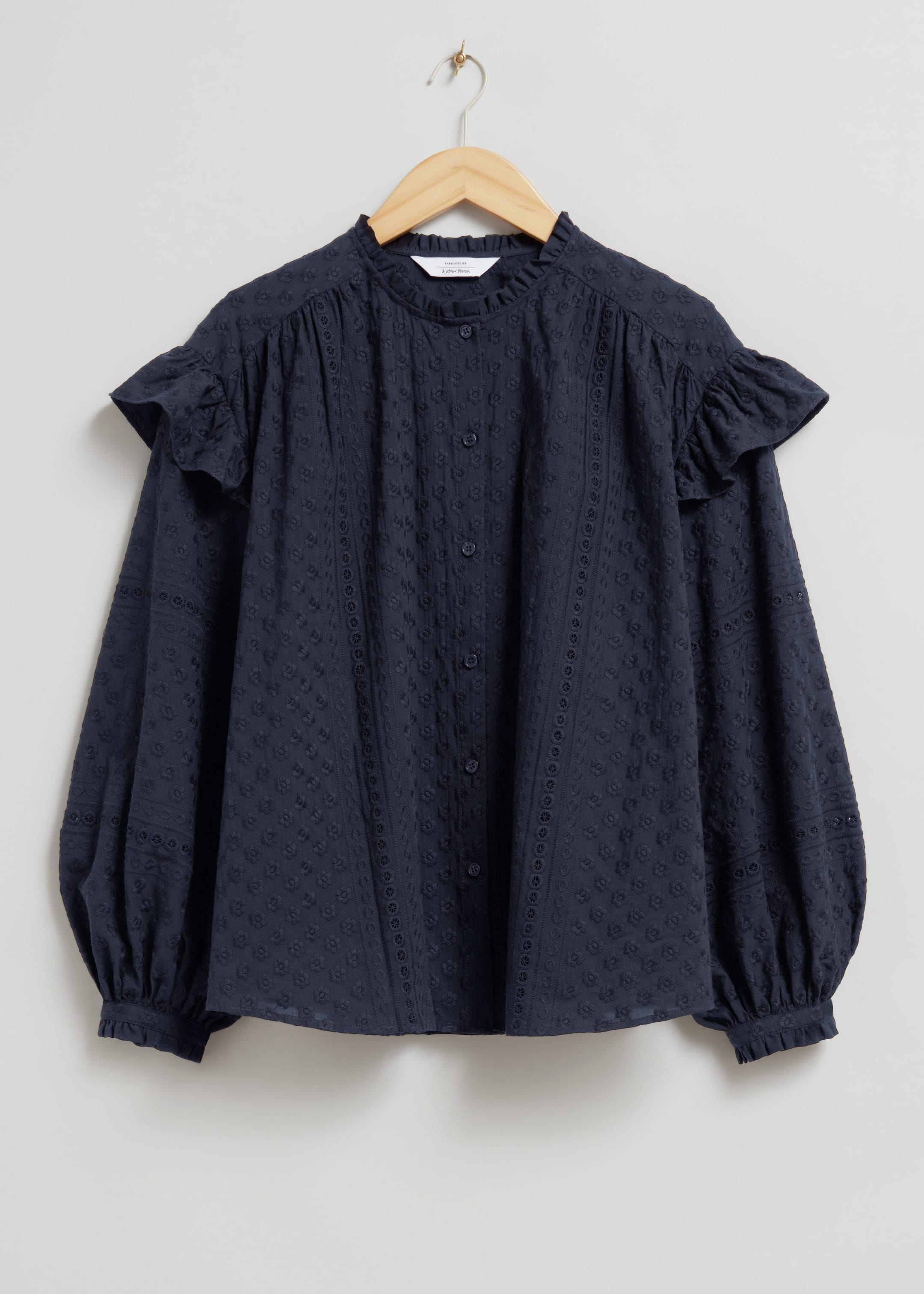 Frilled Floral Embroidery Blouse - Navy - Still Life