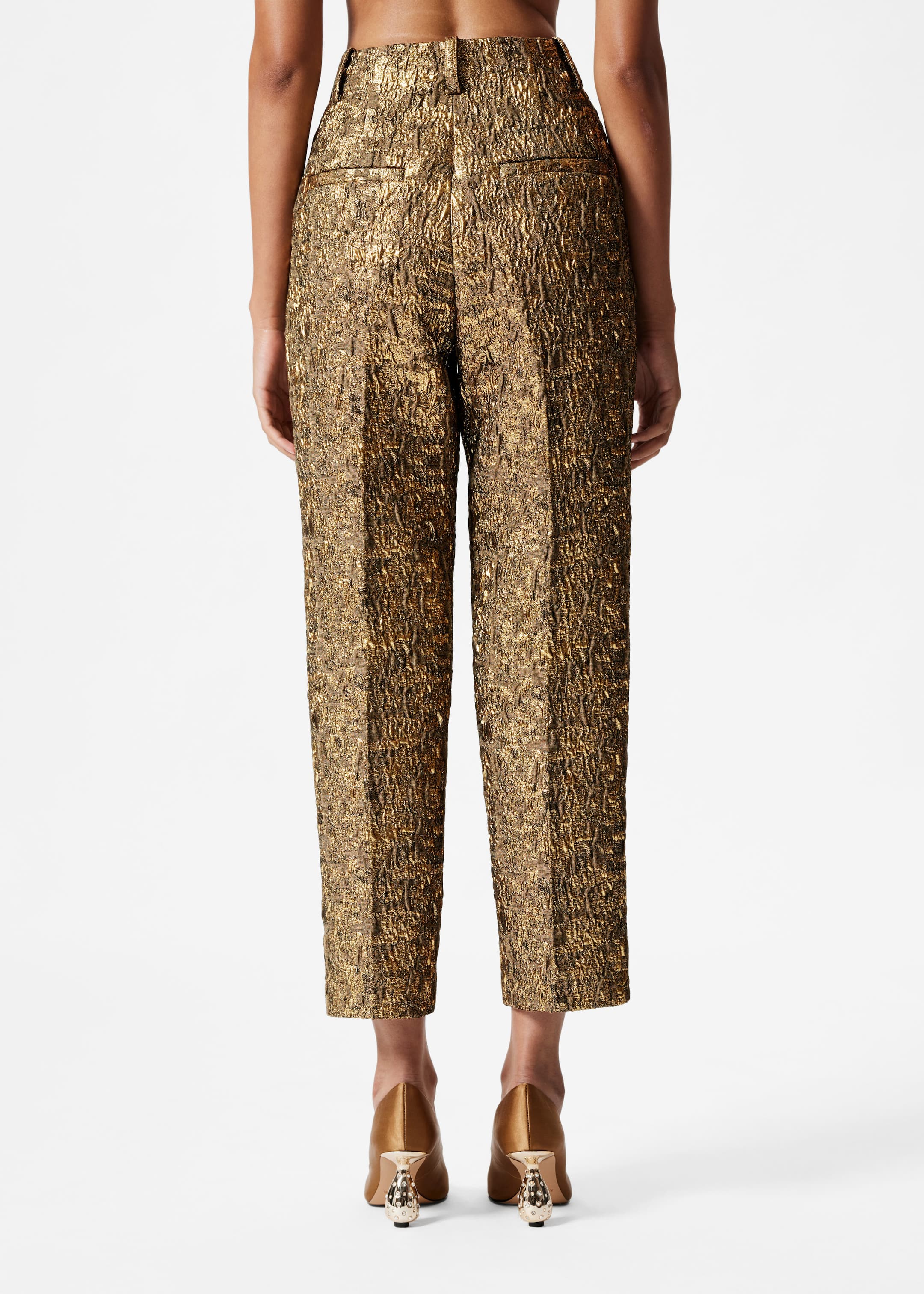 Tapered Metallic Jacquard Trousers - Gold - Lookbook