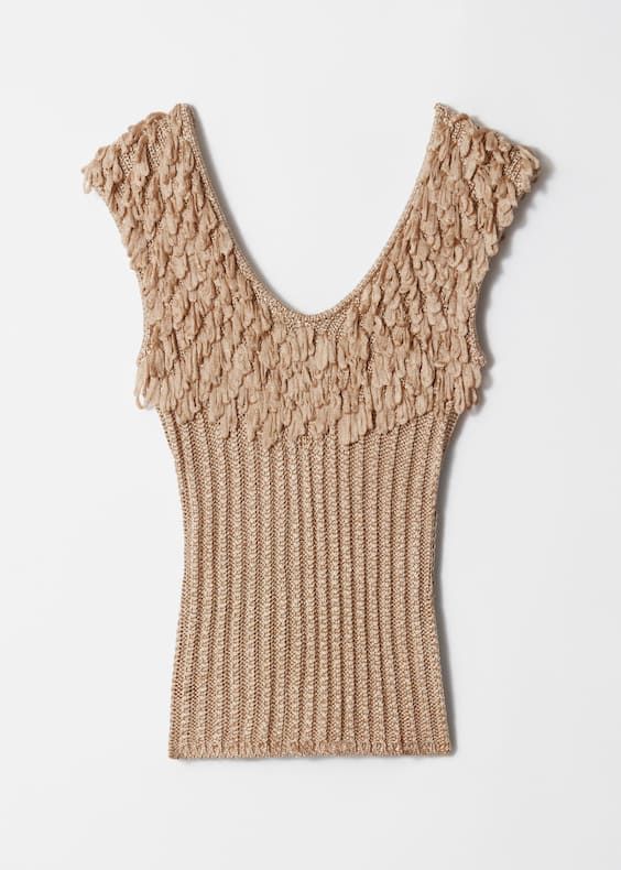 Fringed Rib-Knit Top