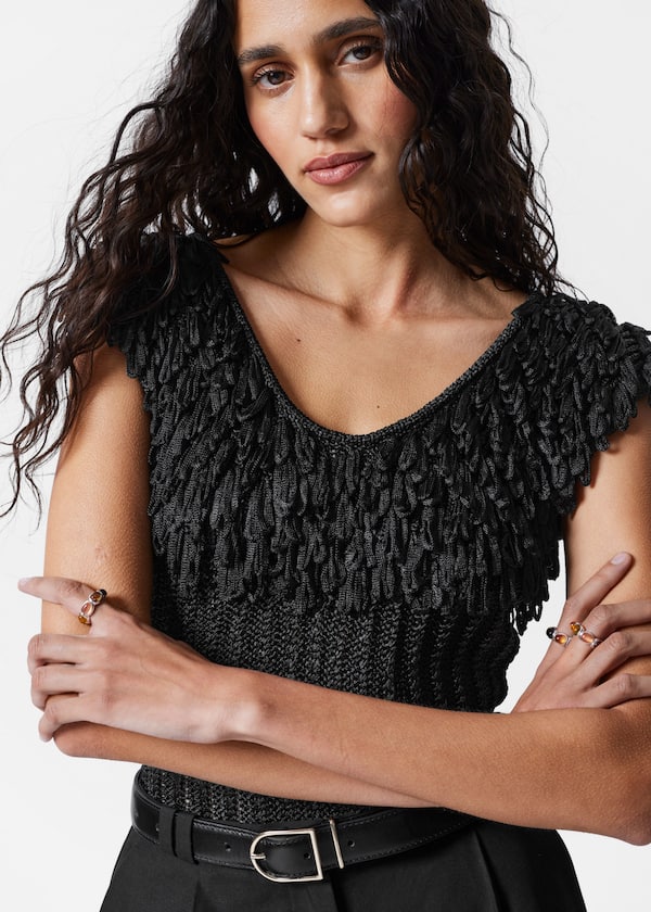 Fringed Rib-Knit Top
