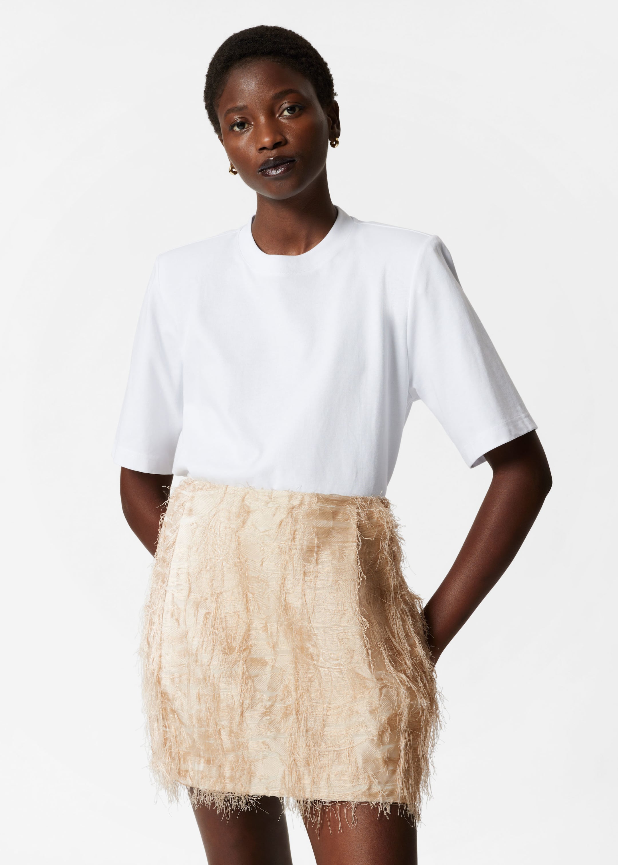 Frayed Mini Skirt - Beige - Lookbook