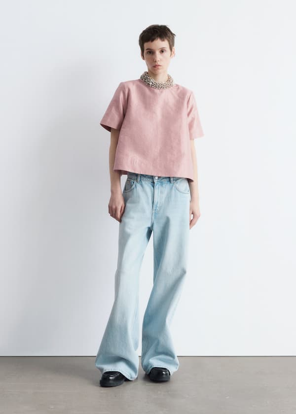 Short-Sleeve Pearl-Embroidered Blouse