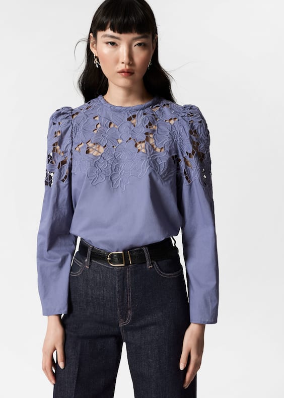 Embroidered Puff-Sleeve Blouse