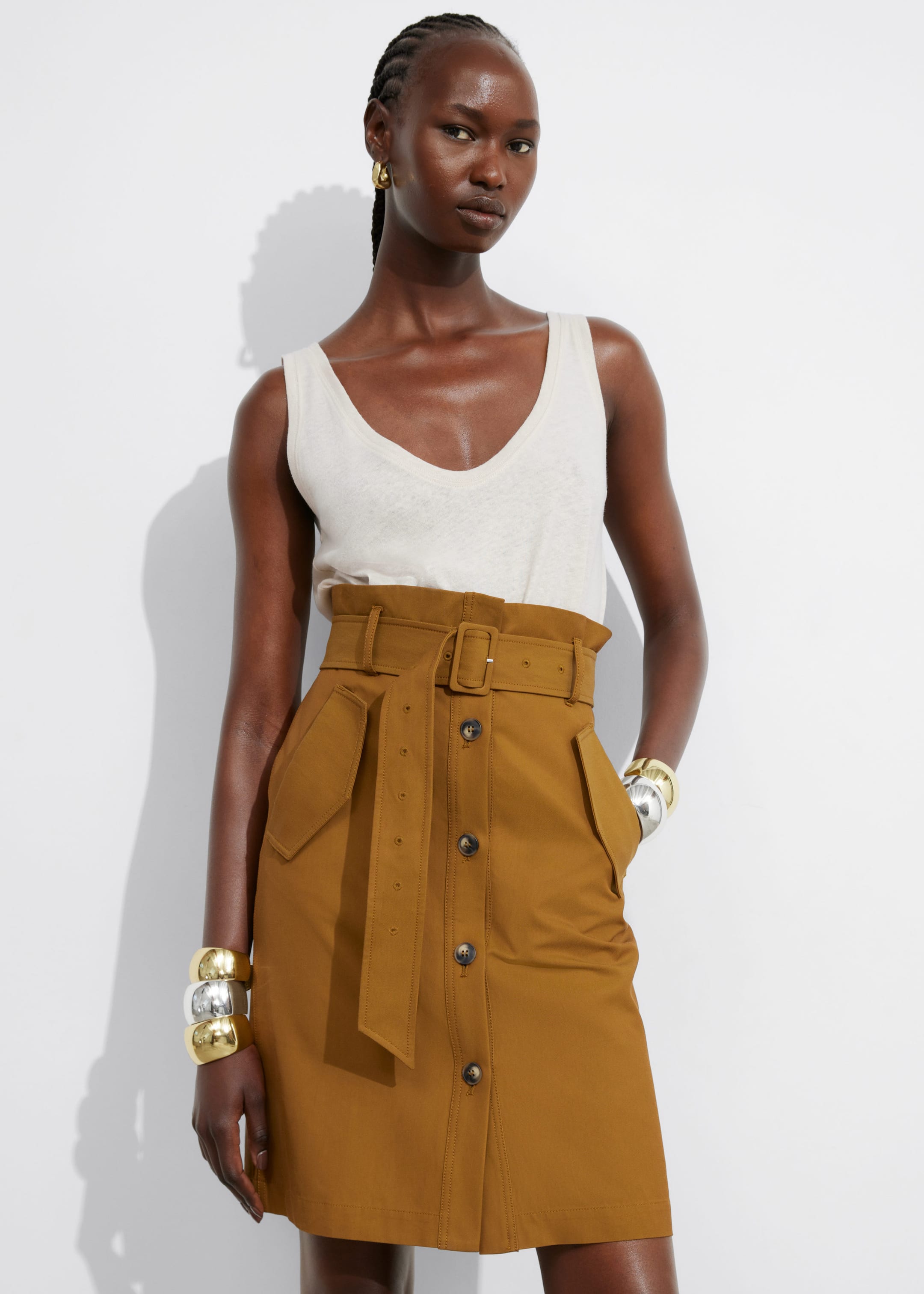 Image of Buttoned Paperbag Midi Skirt