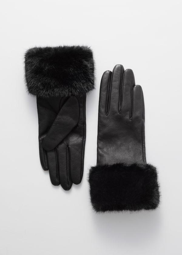 Faux-Fur Trimmed Leather Gloves