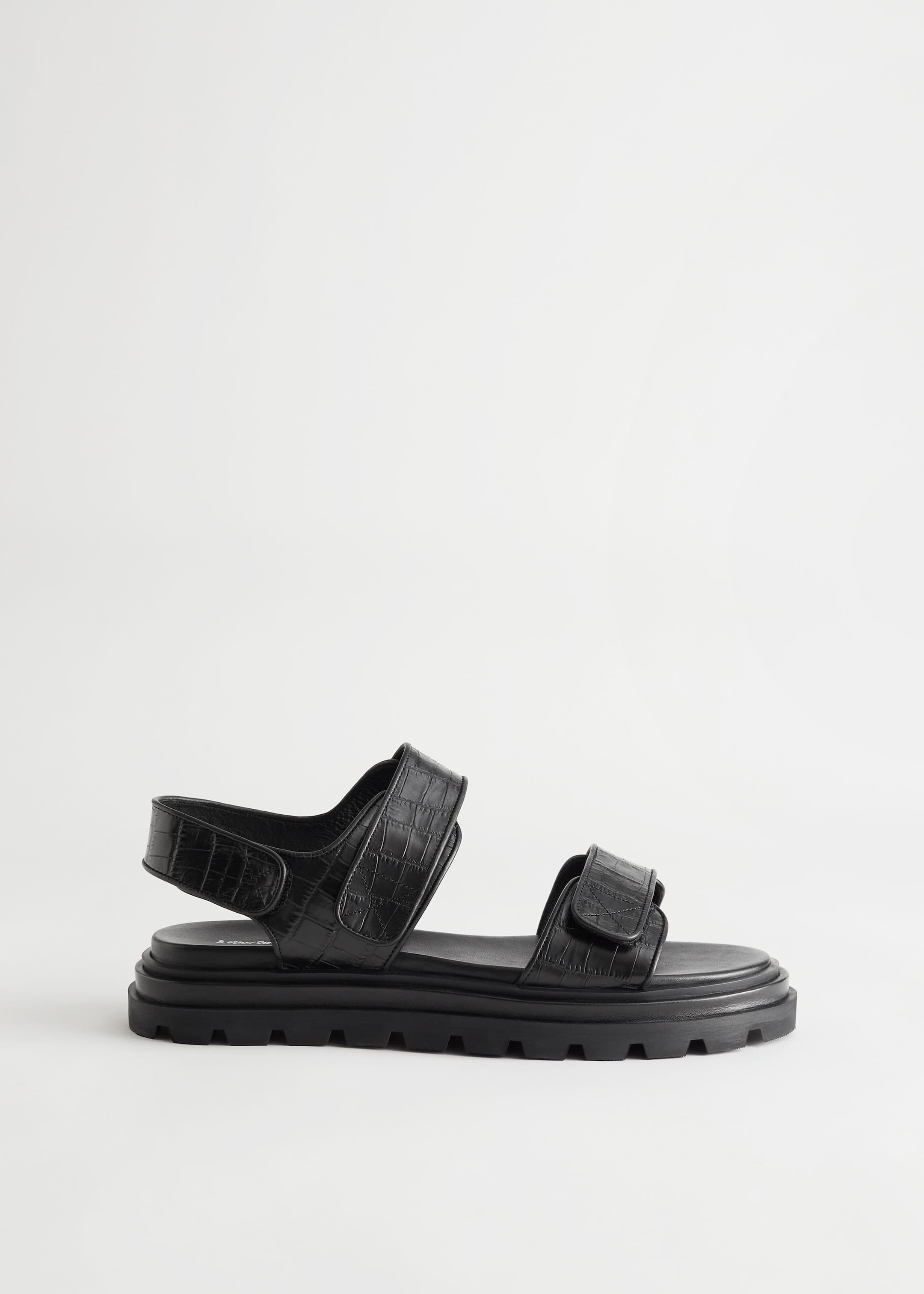 Croc Embossed Leather Sandals - Black Croc - Still Life