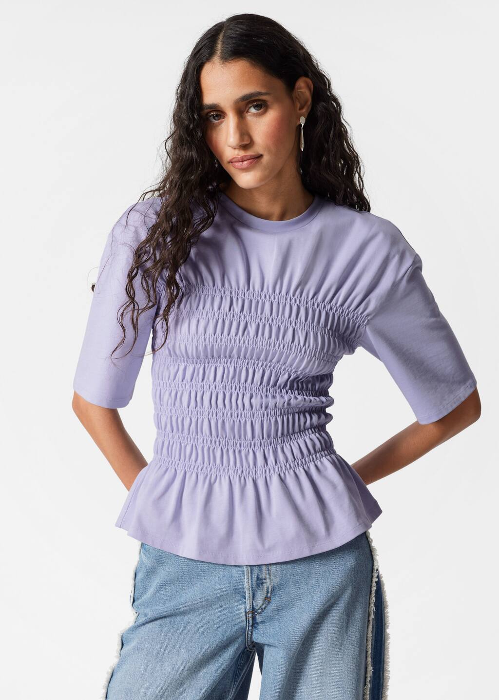 Smocked Crewneck Top - Lavender - T-shirts - & Other Stories