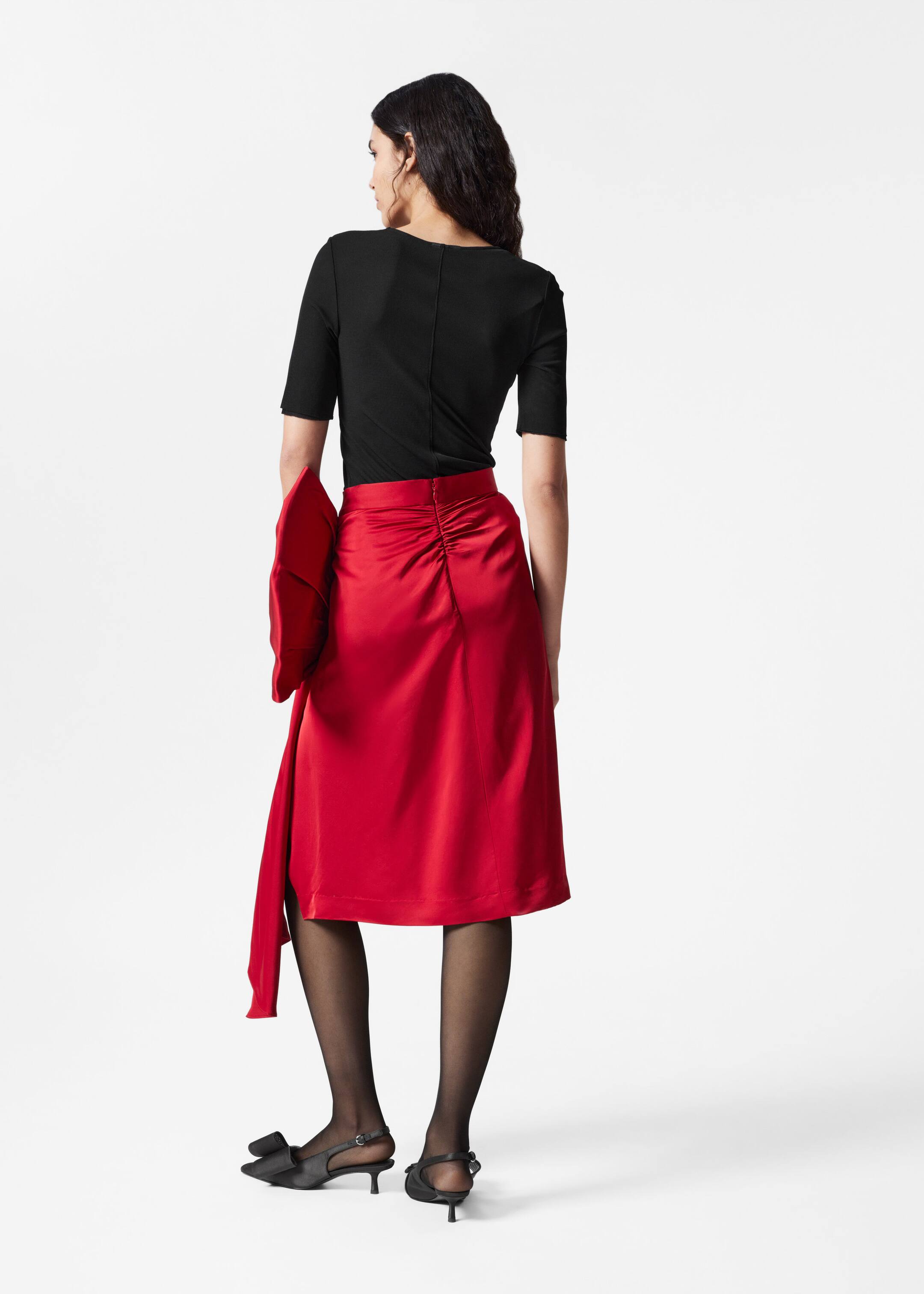 Satin Bow Midi Skirt - Red - Lookbook