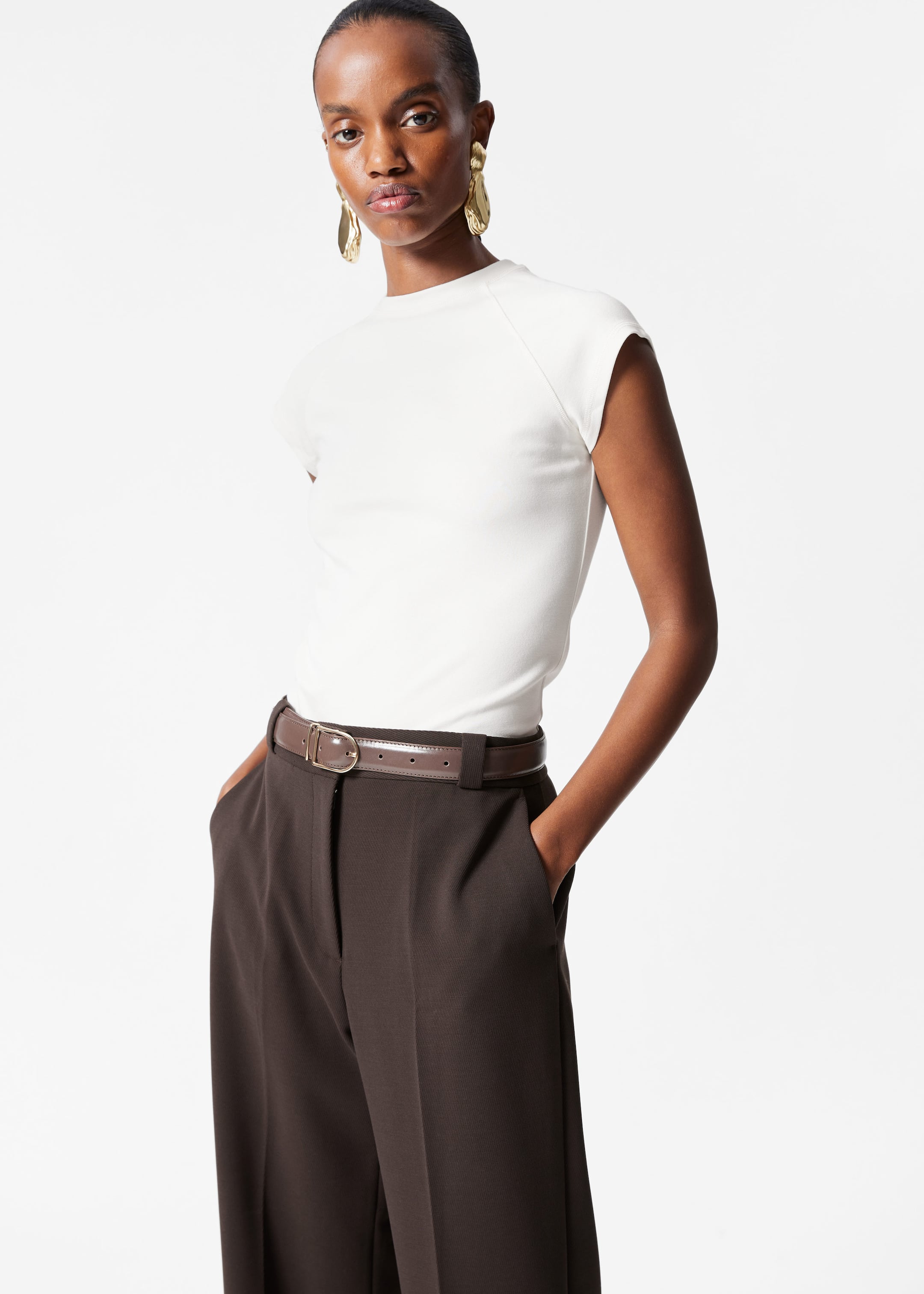 Wide Press-Crease Trousers - Cream - Lookbook