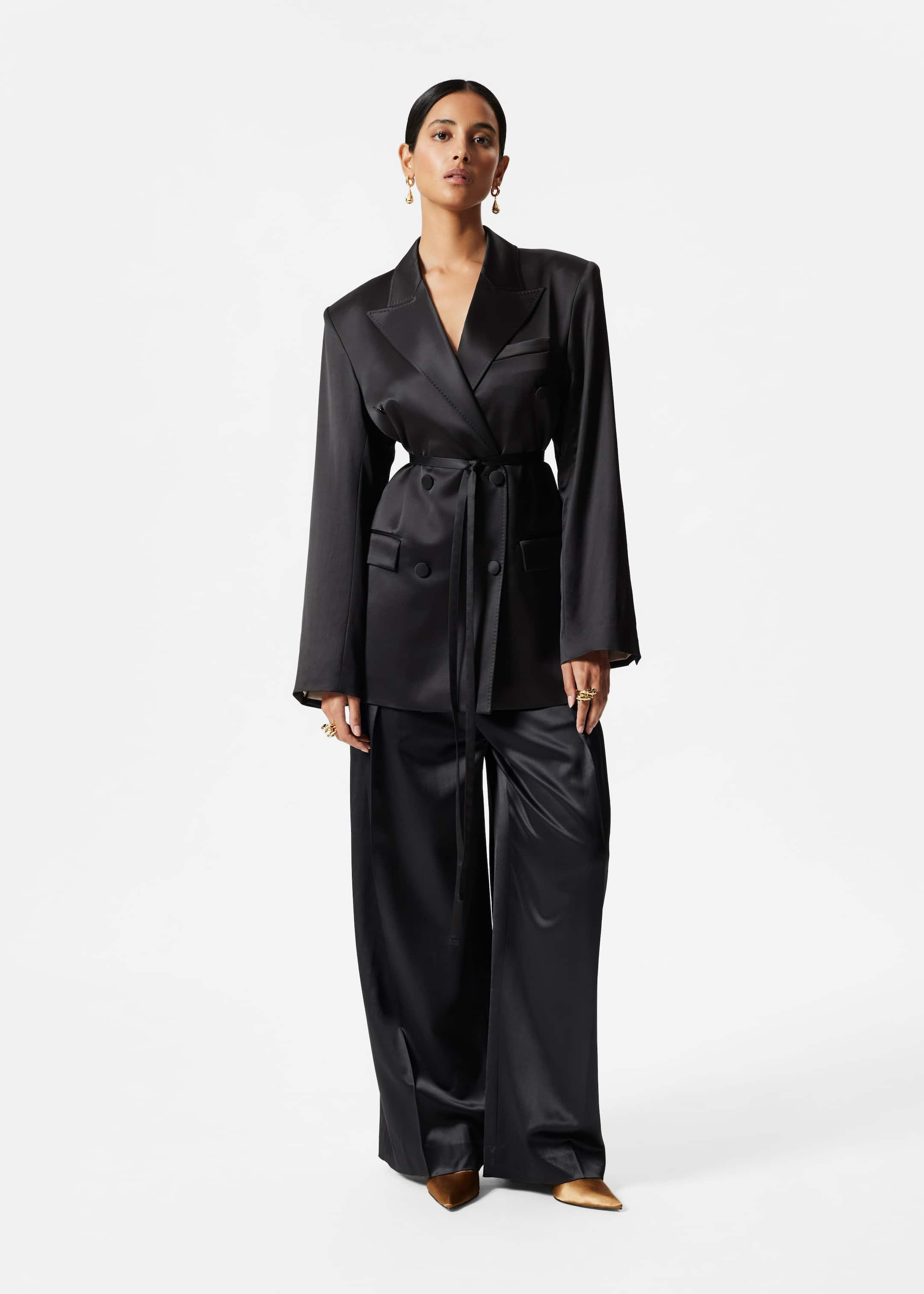 Shiny Belted Wool-Blend Blazer - Black - Lookbook