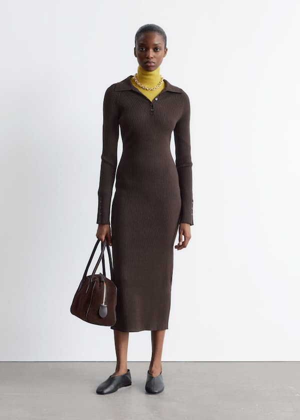 Rib-Knit Polo Midi Dress