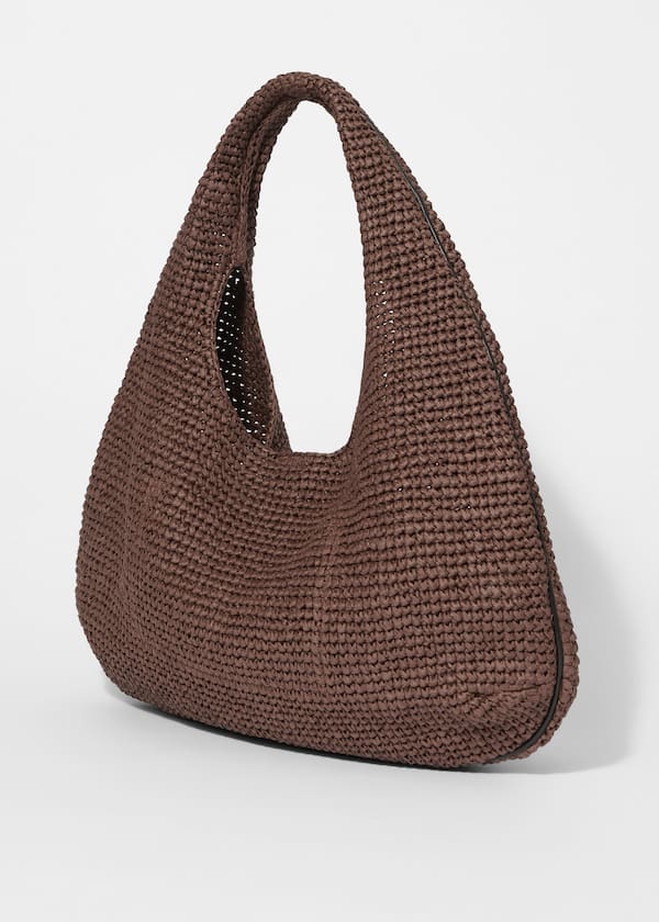 Leather-Piping Straw Shoulder Bag