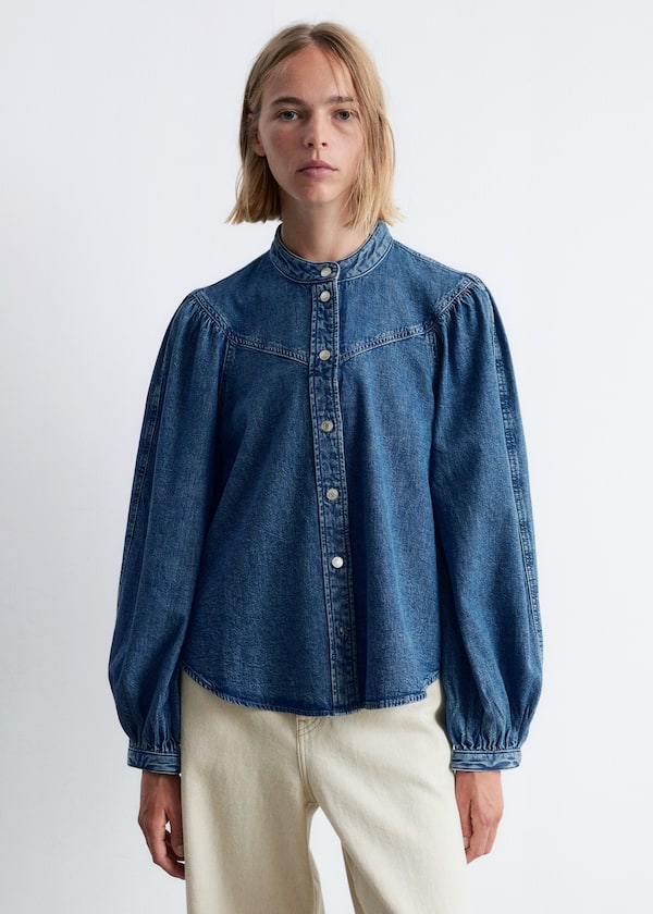 Puff-Sleeve Denim Blouse