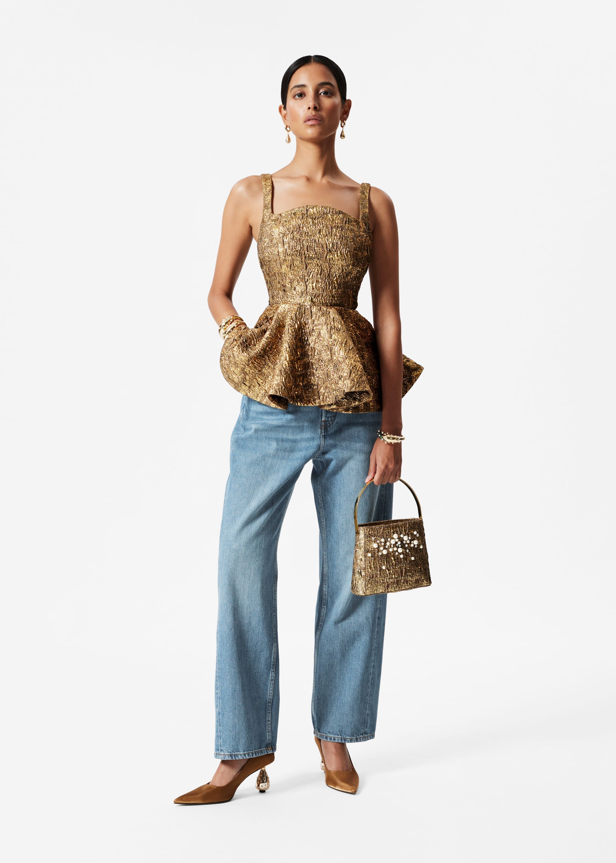 Metallic Jacquard Peplum Top - Gold - Lookbook