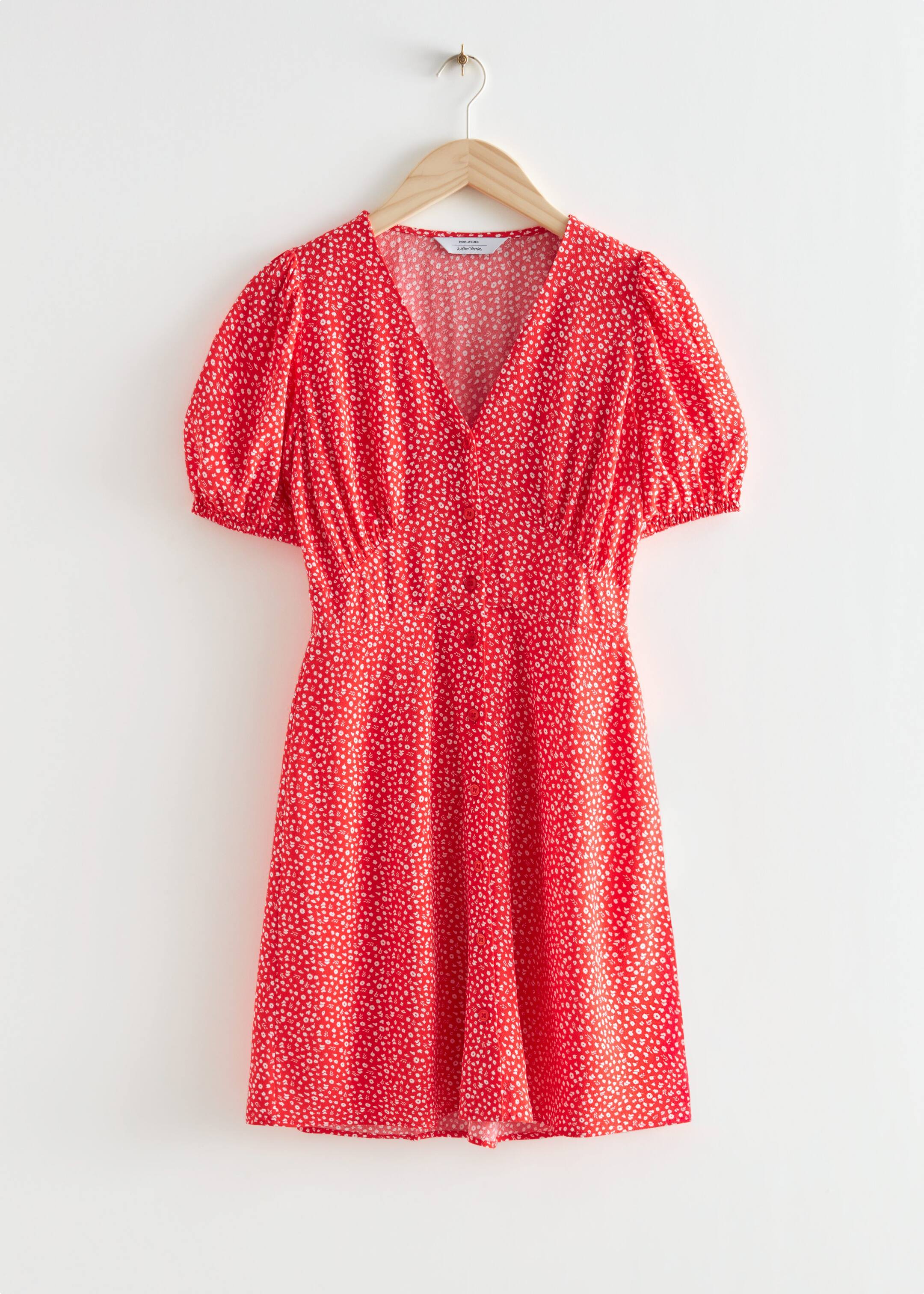 Printed Buttoned Mini Dress - Bright Red - Still Life