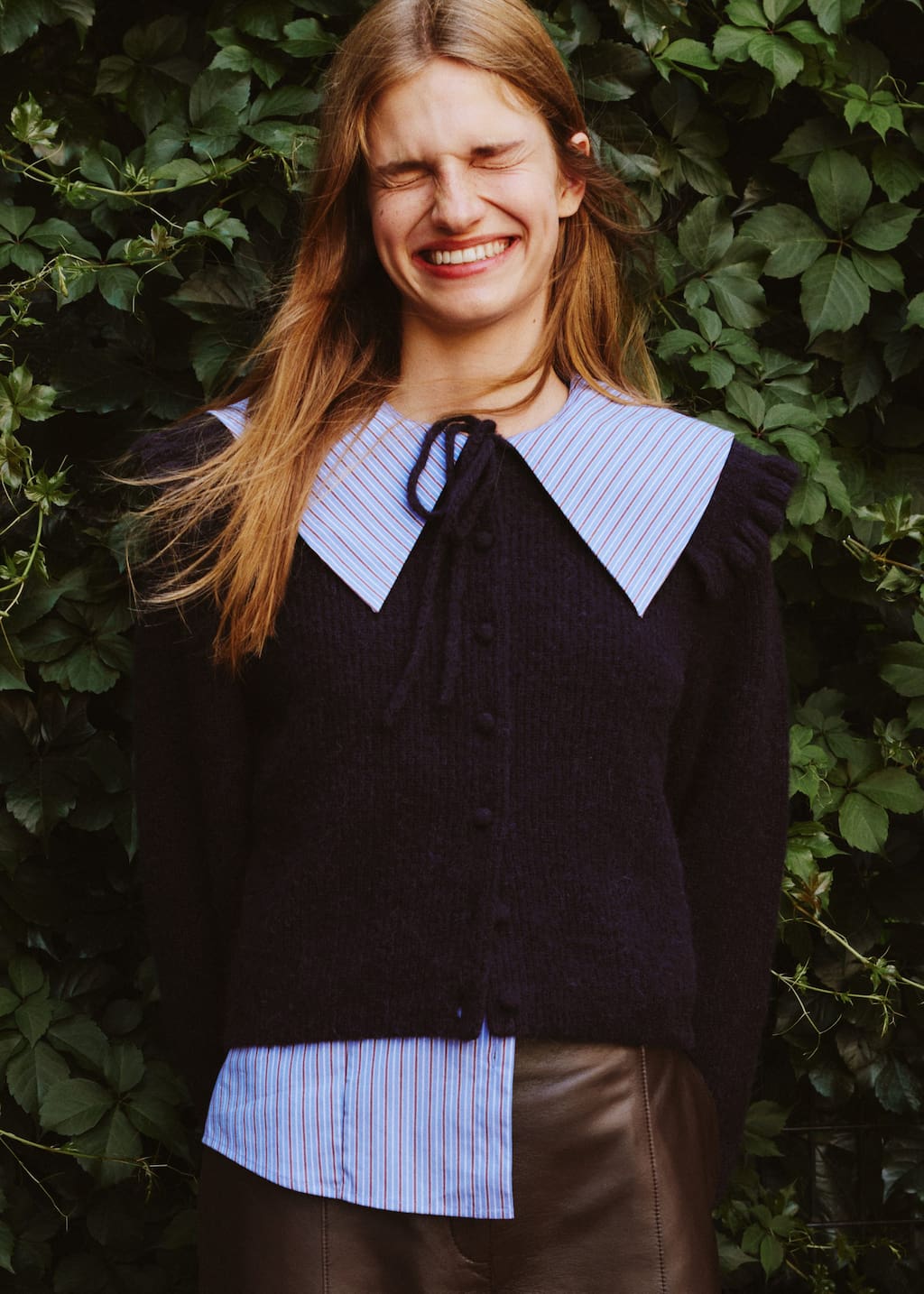 Oversized Collar Striped Shirt - Blue/Brown Stripes - Shirts