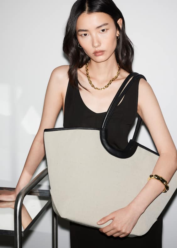 Leather-Detailed Straw Tote Bag