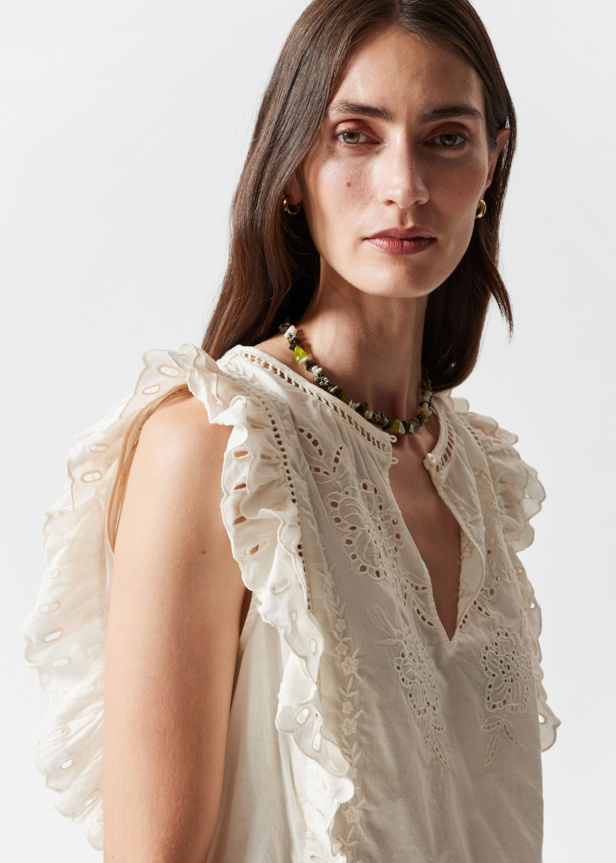 Embroidered Frill Top - Cream - Lookbook