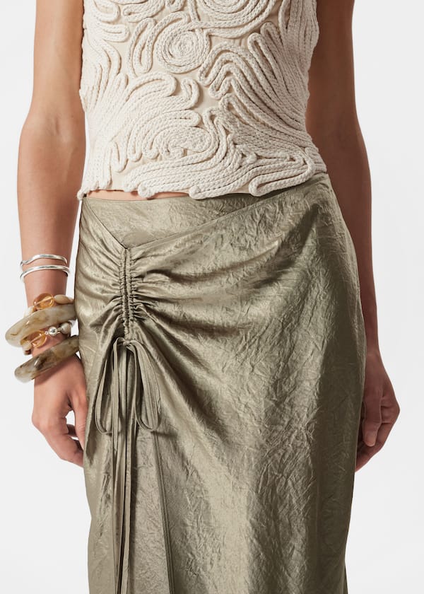 Drawstring Satin Midi Skirt
