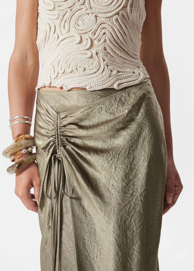 Drawstring Satin Midi Skirt