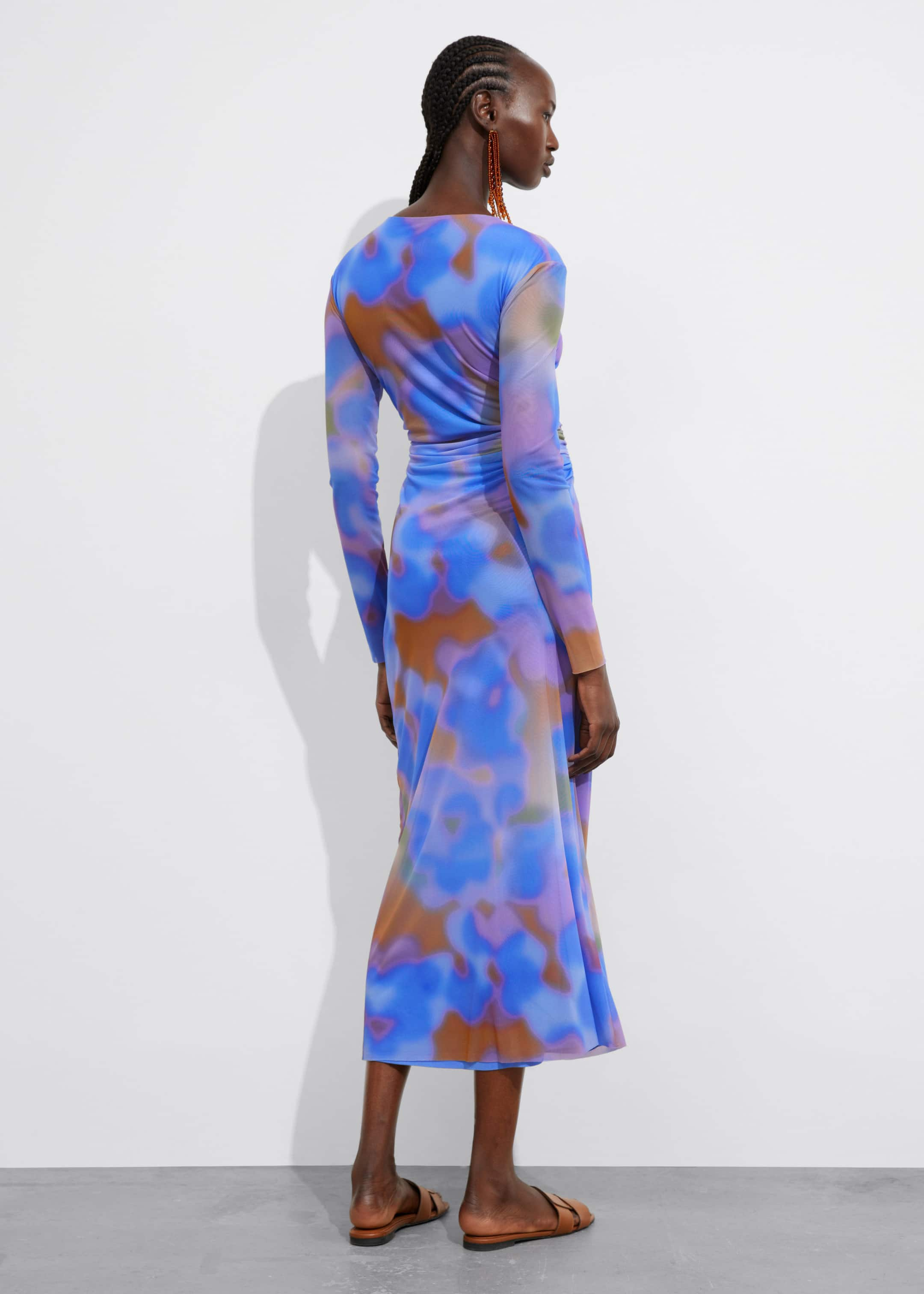 Printed Draped Midi Dress - Blue Print - Lookbook