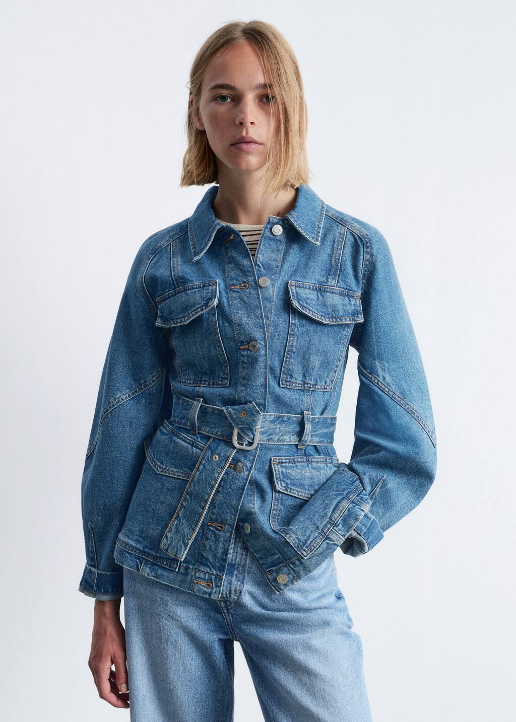 ★E.B.M★ Belted denim outer EMO5DOT020 Belted Denim Jacket - Mid Blue - & Other Stories
