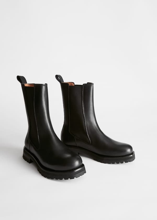 StillLife Front Image of Stories Chunky Sole Leather Chelsea Boots in Black