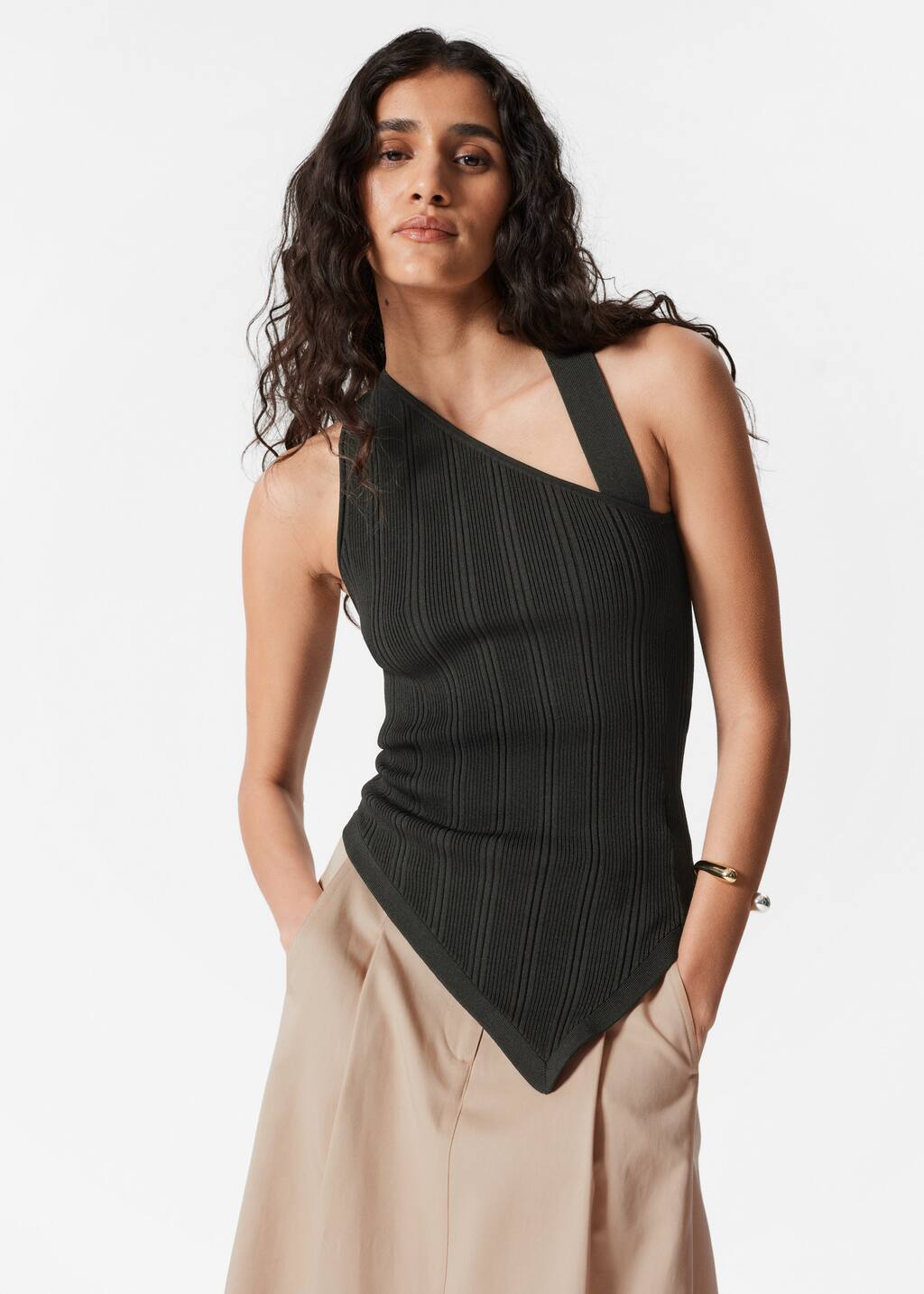Asymmetric Rib-Knit Top - White - Tanktops & Camisoles