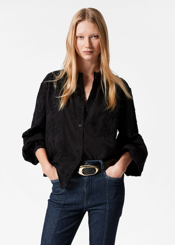 Voluminous Floral-Appliqué Blouse