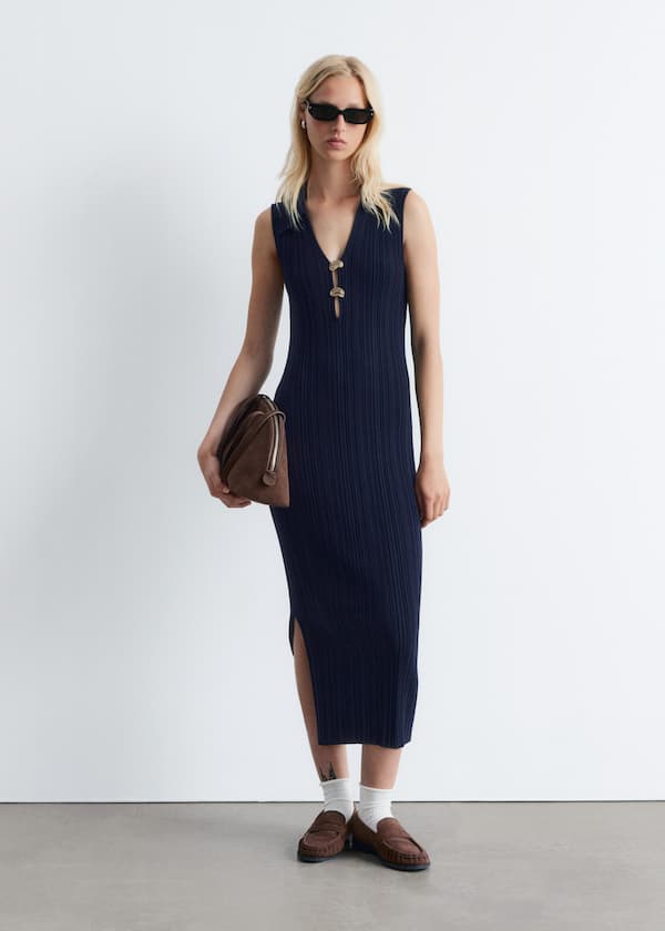 Rib-Knit Collared Midi Dress