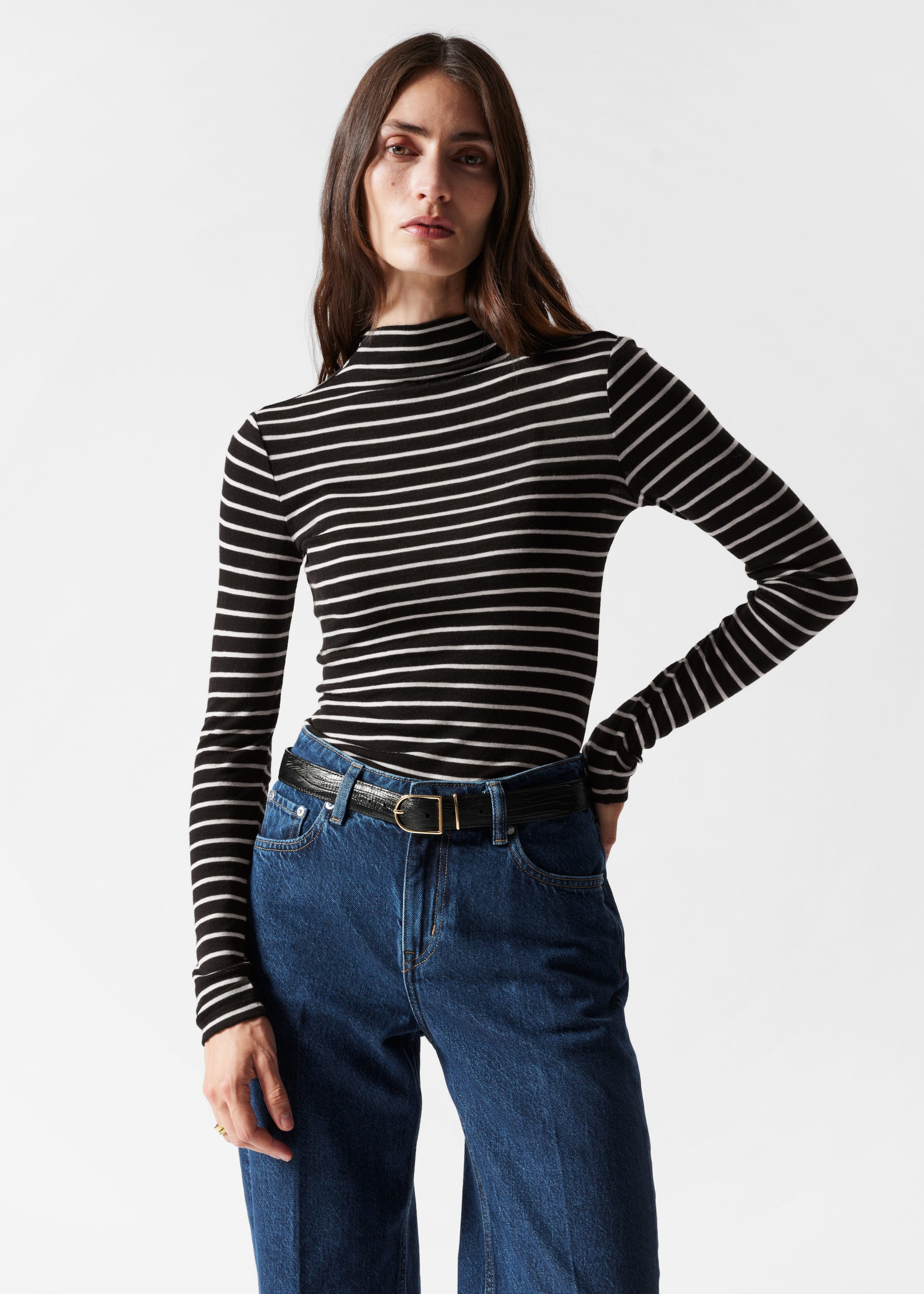 Black and white striped mock neck top best sale