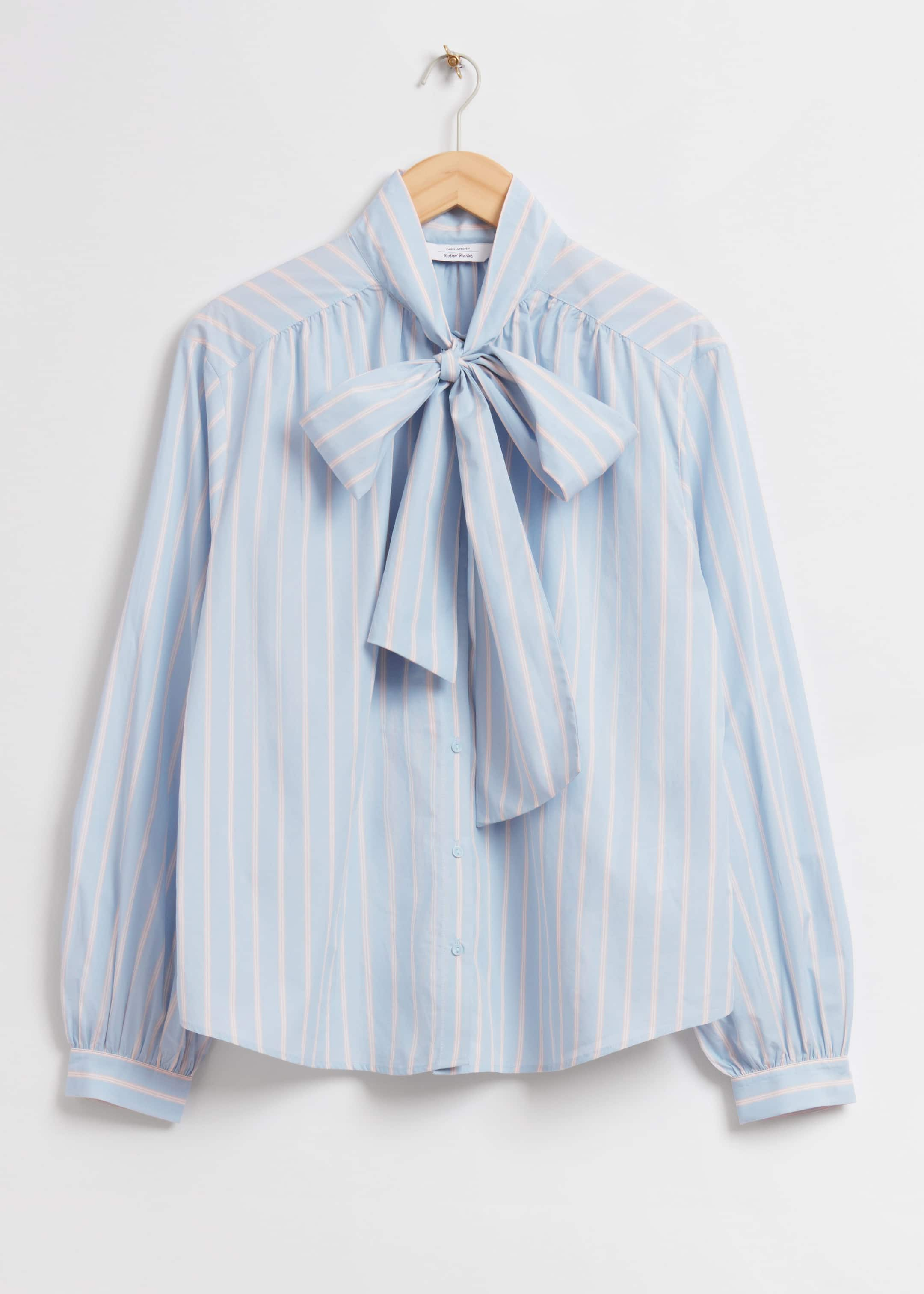 Relaxed Lavallière-Neck Blouse - Blue Striped - Still Life