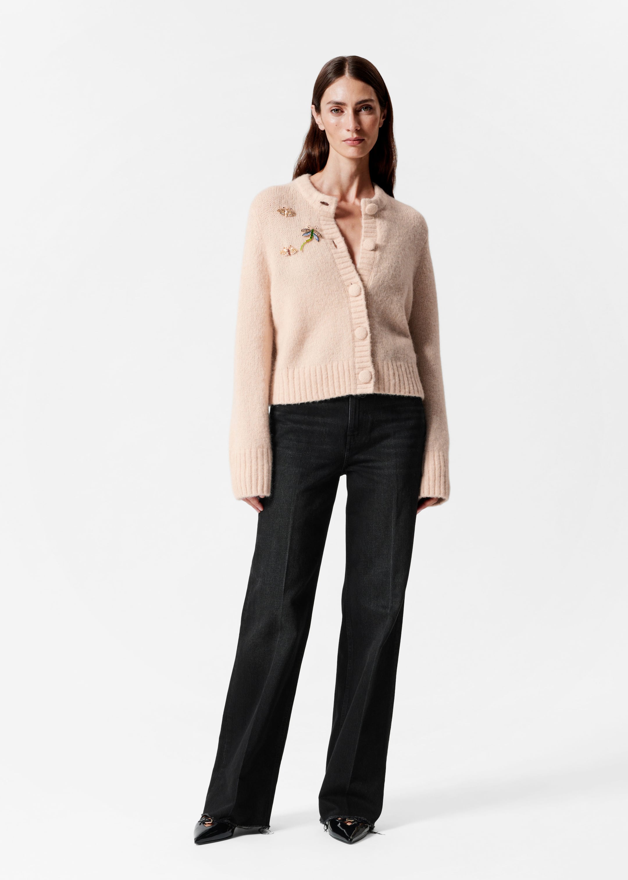 Cardigan orné de broches - Beige - Lookbook