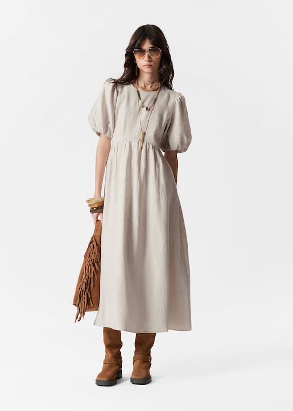Puff-Sleeve Midi Dress