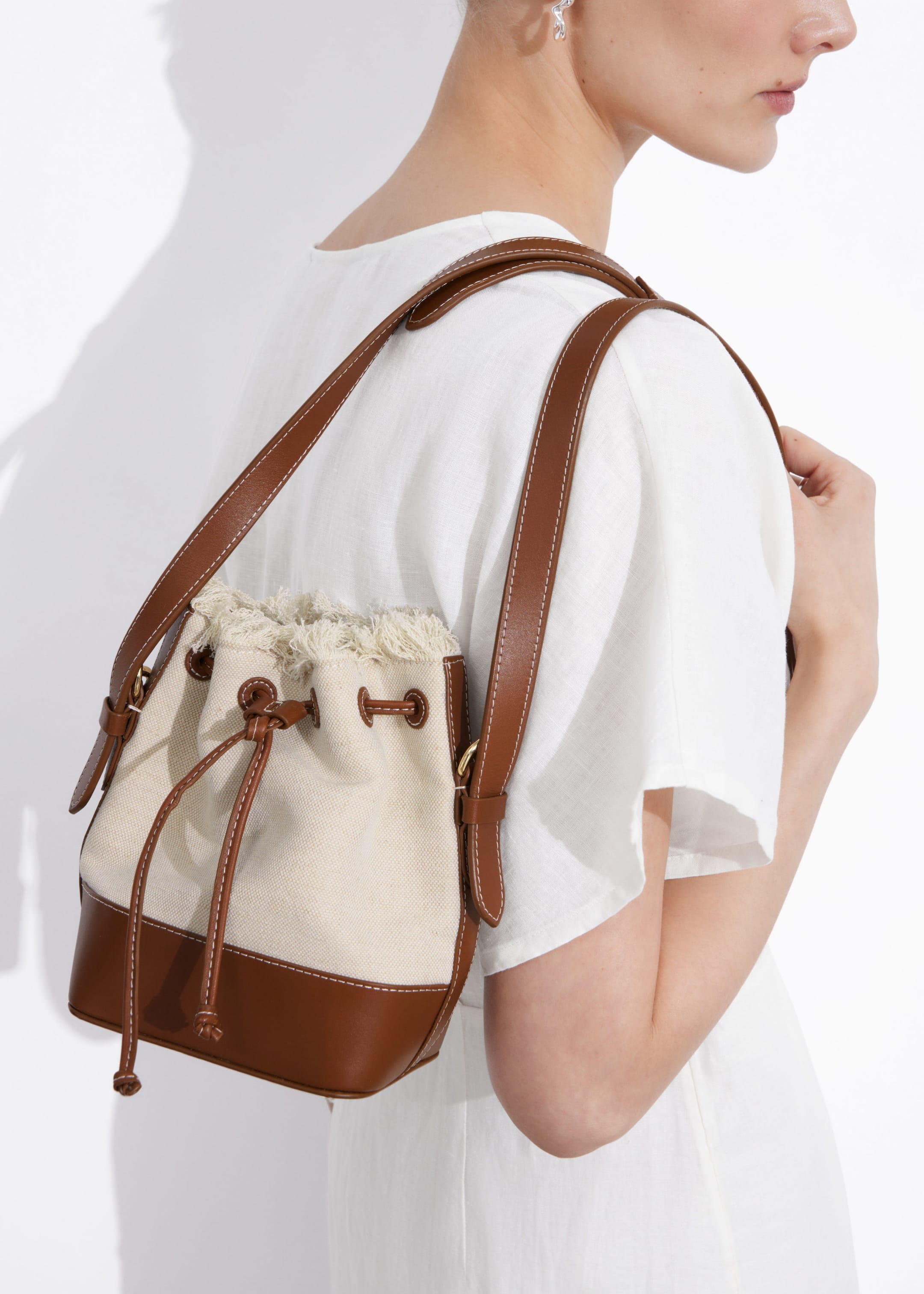 Leather-Trimmed Canvas Bucket Bag - Beige - Lookbook