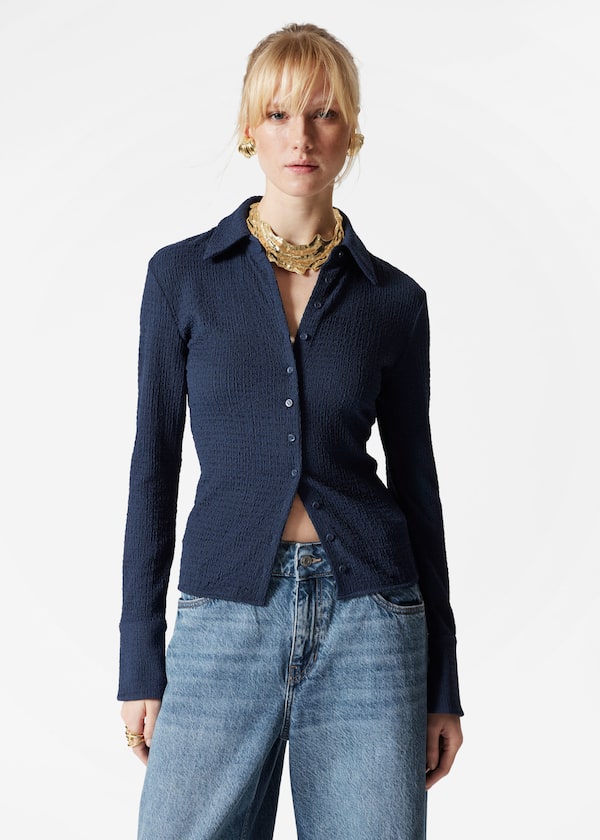 Textured Long-Sleeve Poloshirt