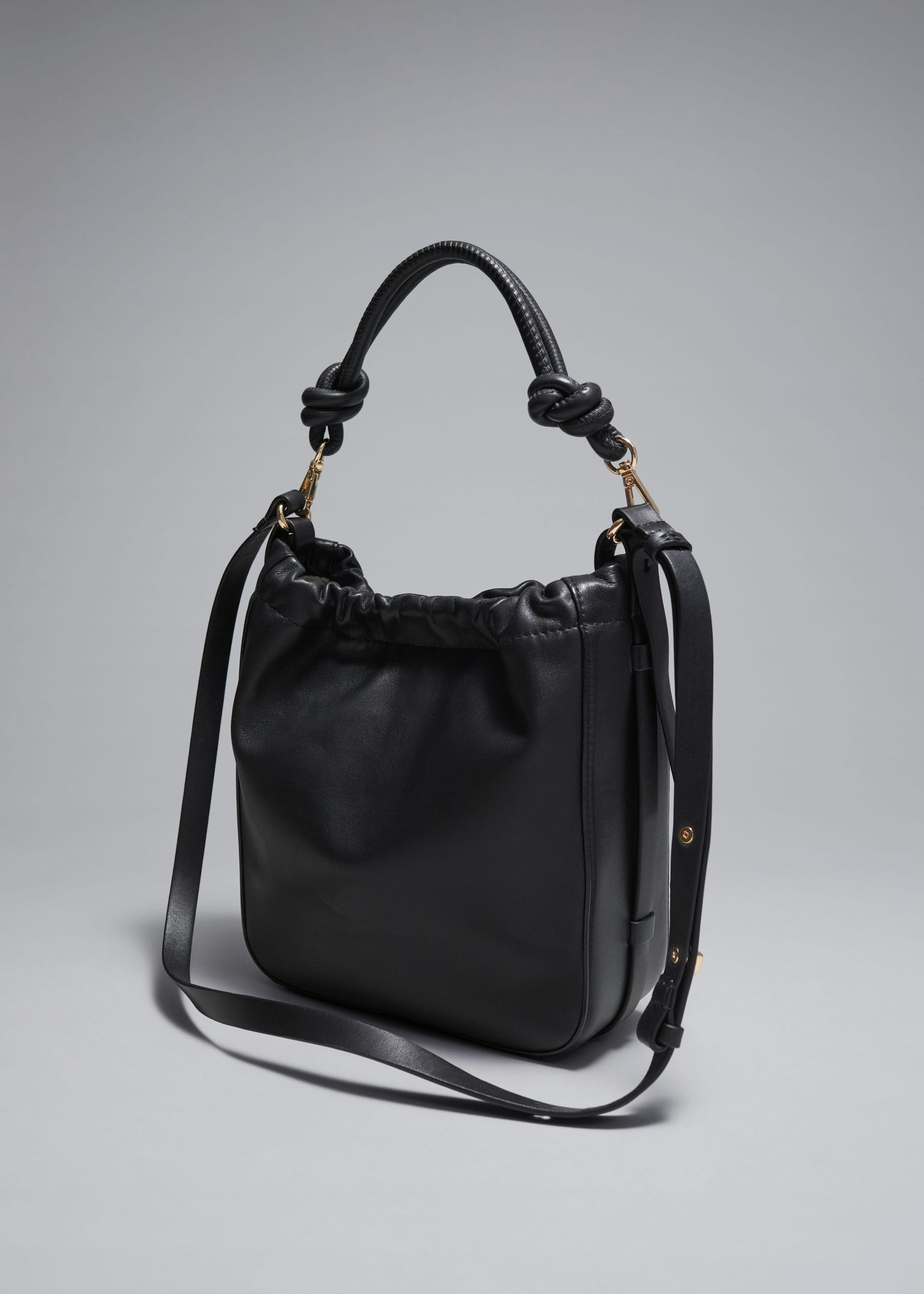 Knotted Leather Bucket Bag - Black - Still Life