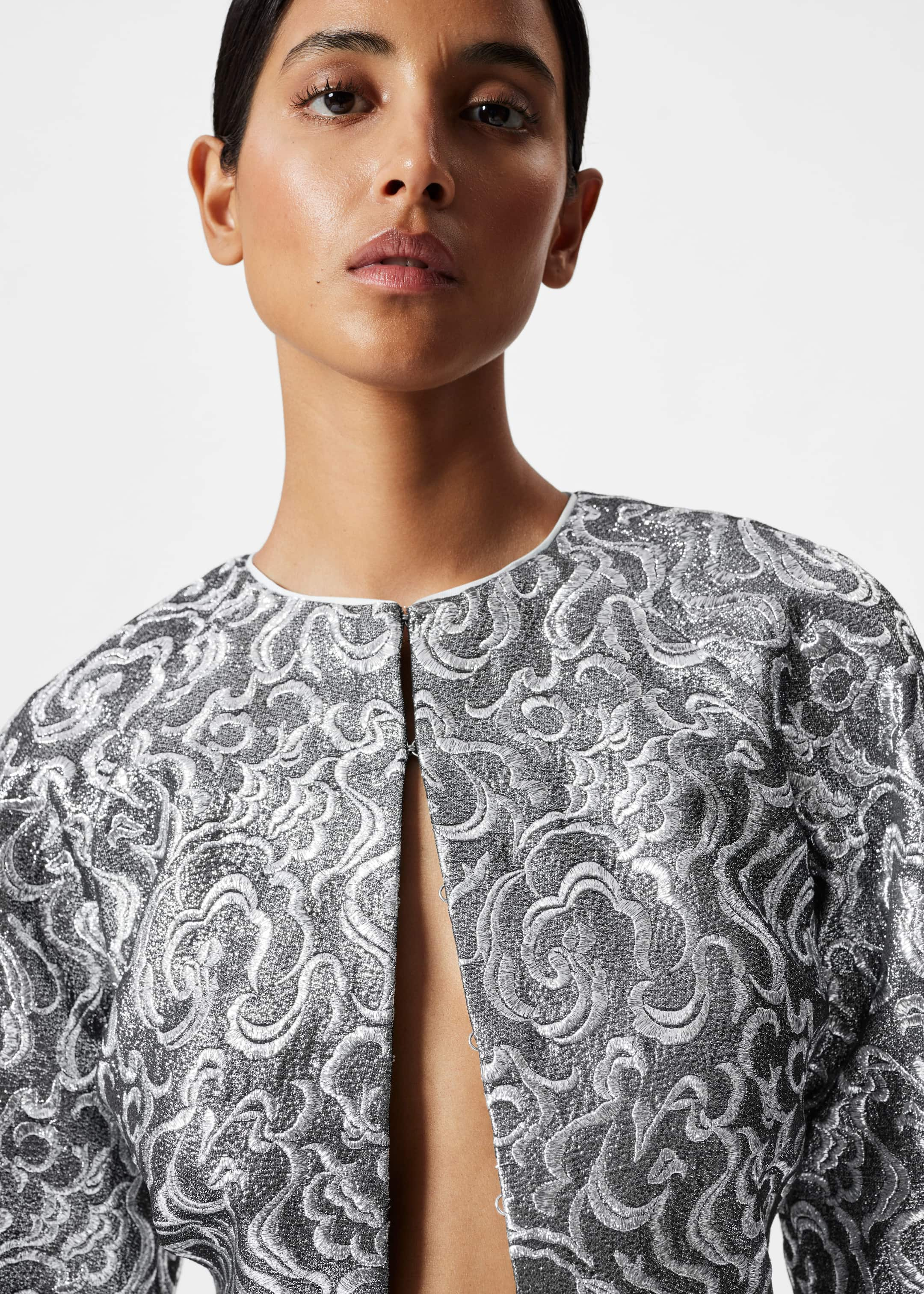 Cropped Metallic Jacquard Jacket - Silver - Lookbook