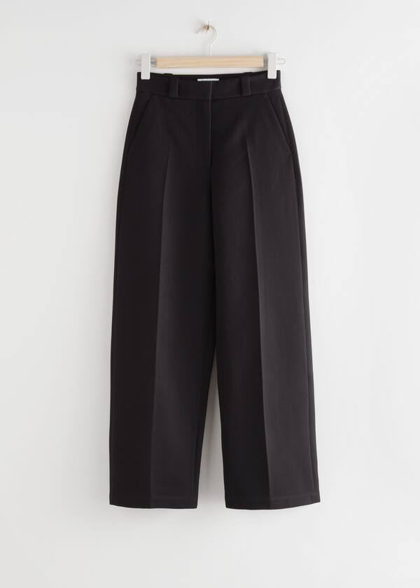 StillLife Front Image of Stories Wide Leg Wool Blend Twill Trousers in Black