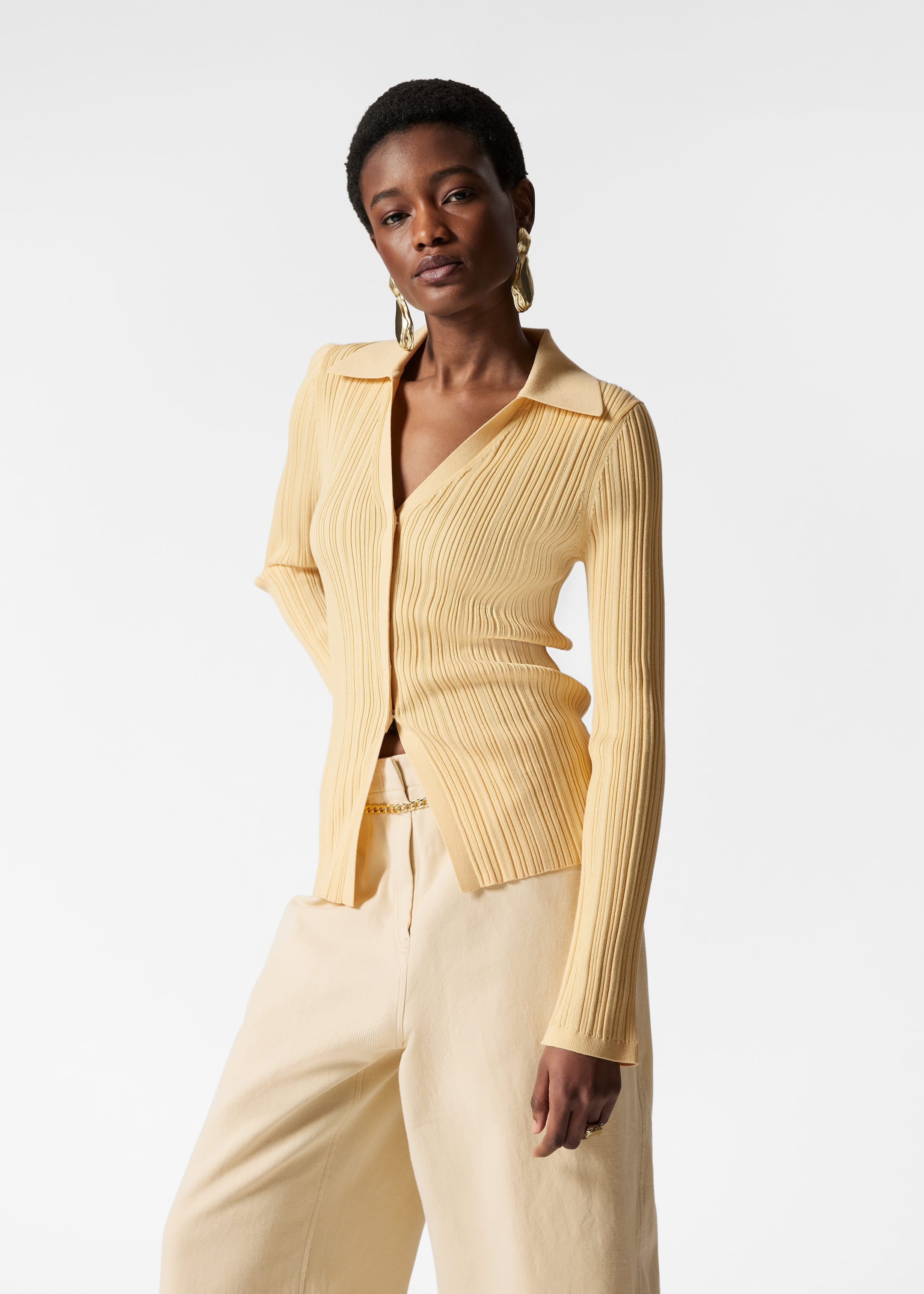 Collared Rib-Knit Cardigan - Yellow - Lookbook