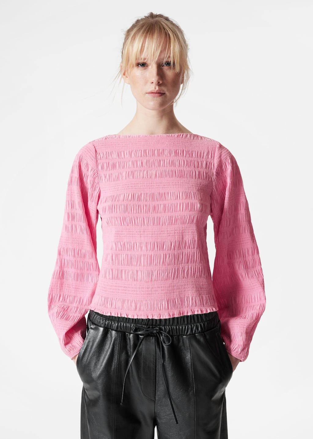Smocked Boat-Neck Top - Pink - Long Sleeve Tops - & Other