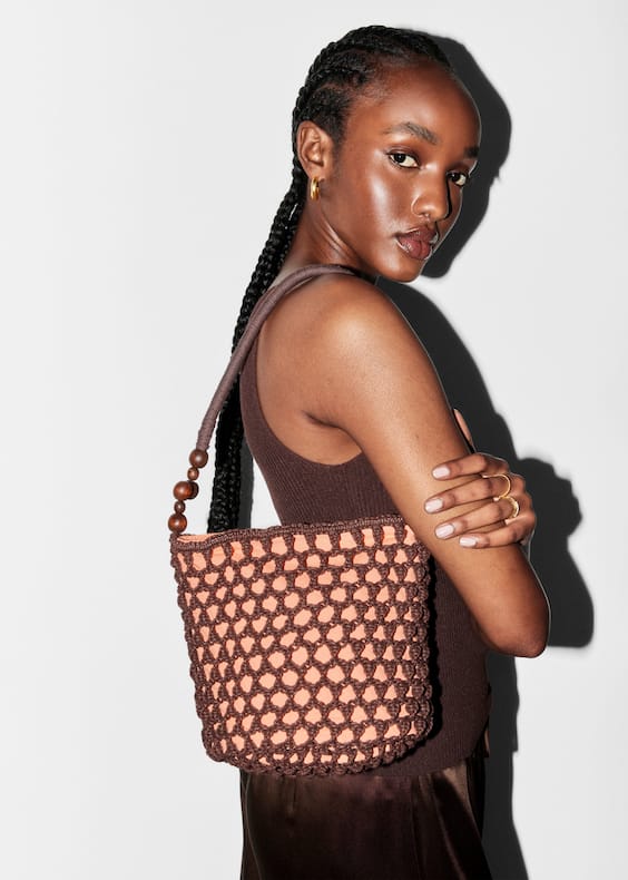 Bead-Detail Crocheted Bucket Bag