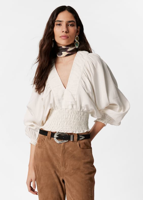 Smocked Puff-Sleeve Blouse